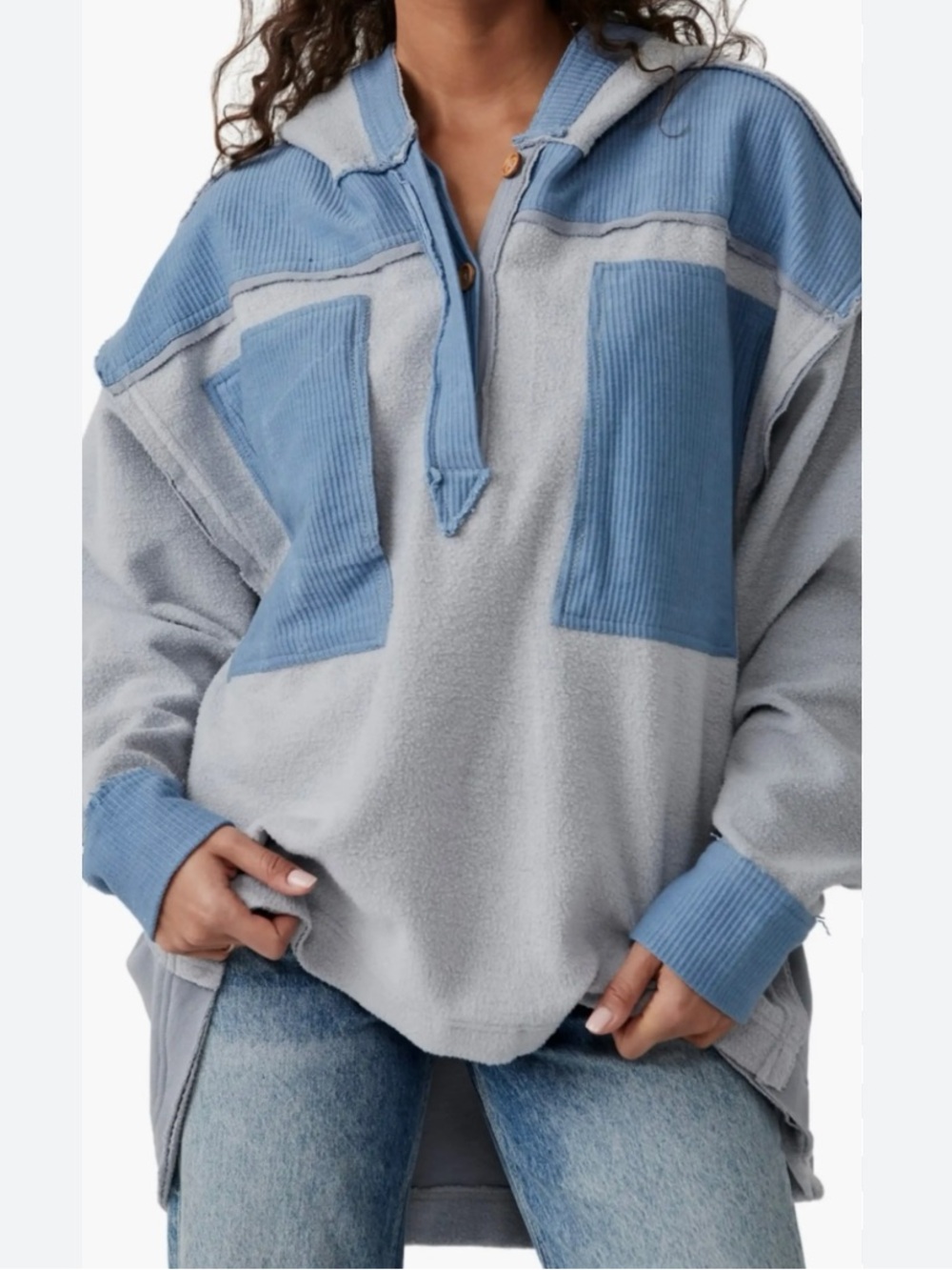 Free People Corie Corduroy-Trim Light Blue Oversized Pullover Sweater